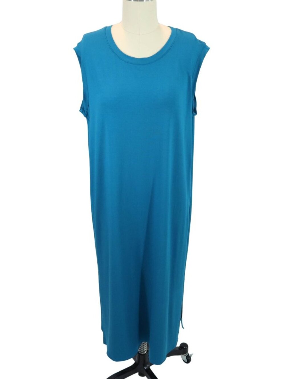 EILEEN FISHER Teal Jersey Knit Side Slit Pullover Relaxed Midi Dress Size S